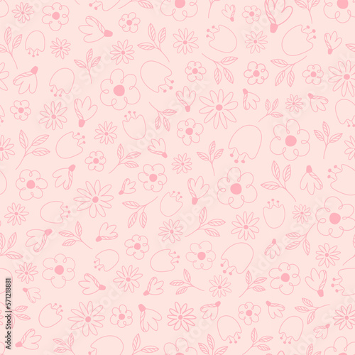 Floral seamless pattern in linear style . Simple Abstract hand drawn flowers of various shapes and scribbles.