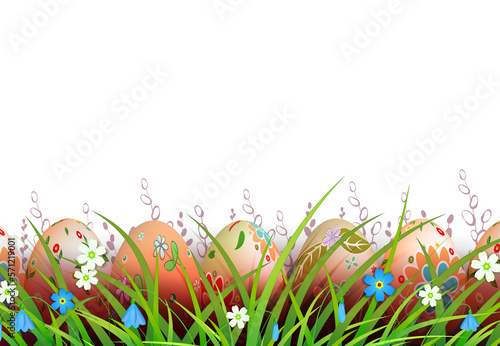 Easter composition with colorful eggs in the grass with flowers.