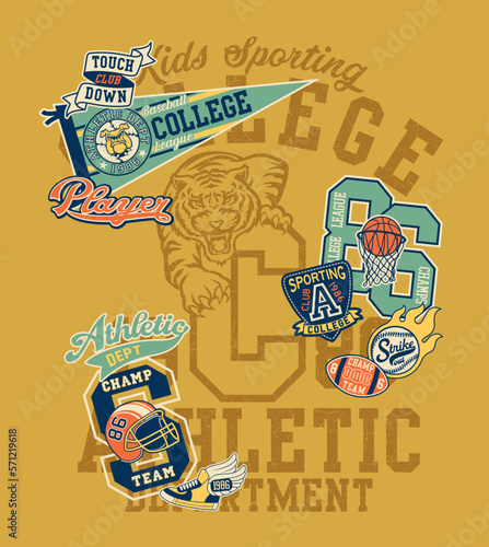 Kids sporting college athletic department vintage vector print for boy t shirt with embroidery applique patches collection grunge effect in separate layers
