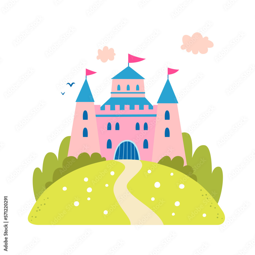 Vector flat illustration of an old castle surrounded by a green park. Fairytale design for children.