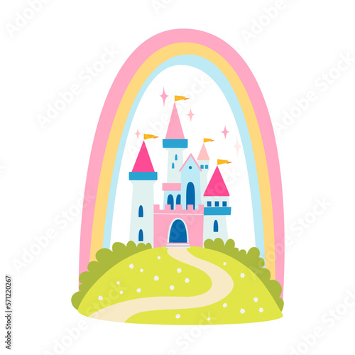 Vector flat illustration of a beautiful castle shining under a rainbow. Fairytale landscape with palace isolated on white.