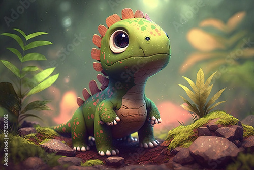 cute adorable baby dinosaur generative ai rendered in the style of children, friendly cartoon animation fantasy style © Kien