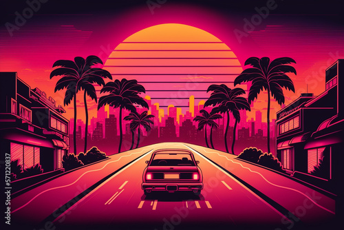 Synthwave retro city landscape with sun in the middle illustration vector style photo