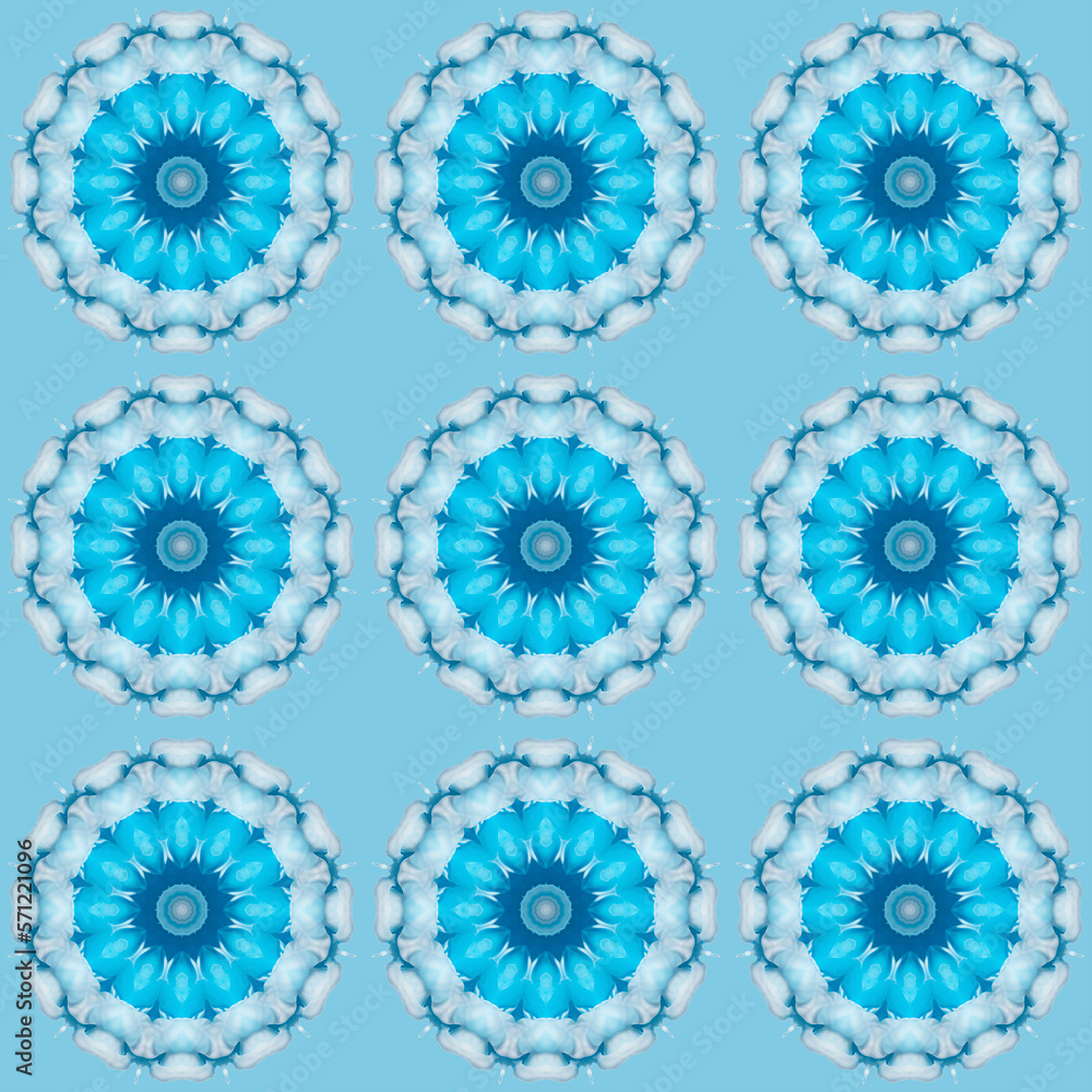 Blue snowflake flower. Fractal mandala. Tile, texture, background.