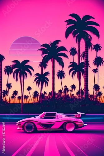 Retro Sport car rides among the palm trees against the backdrop of the sunset in the city. Pink background in the style of retro synthwave 80s., neons, retro city background - generative ai © unalcreative