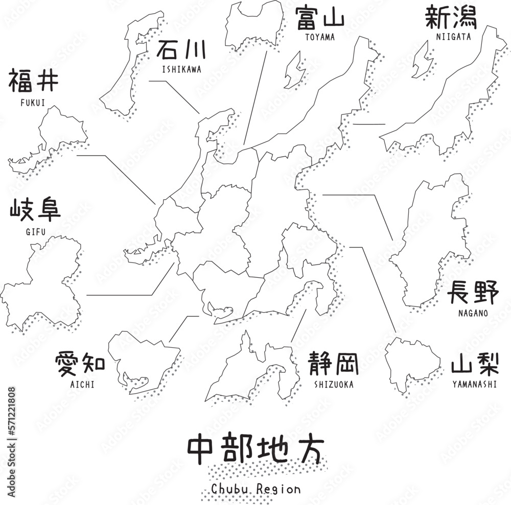 日本の中部地方のマップ（線画）