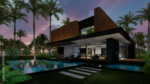 4K video rendering of modern cozy house with parking and pool for sale or rent with wood plank facade by the sea or ocean. Sunset evening by the coast with palm and flowers in tropical island Fly-walk