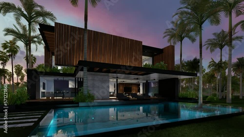 4K video rendering of modern cozy house with parking and pool for sale or rent with wood plank facade by the sea or ocean. Sunset evening by the coast with palm and flowers in tropical island Fly-walk