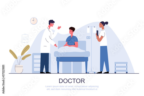 doctor and nurse standing with patient on the bed. Vector illustration in a flat style cartoon character