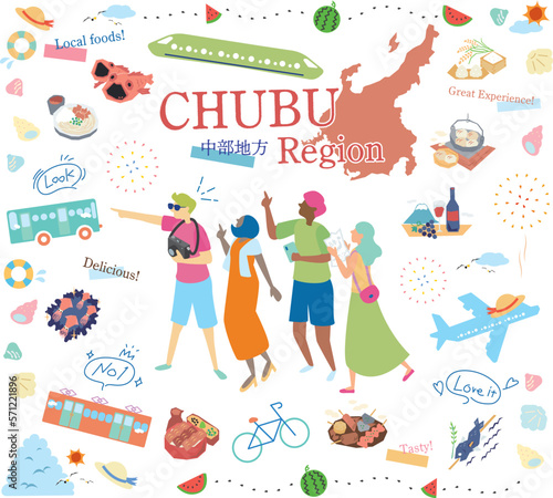日本の中部地方の夏のグルメ観光を楽しむ観光客、アイコンのセット（フラット）