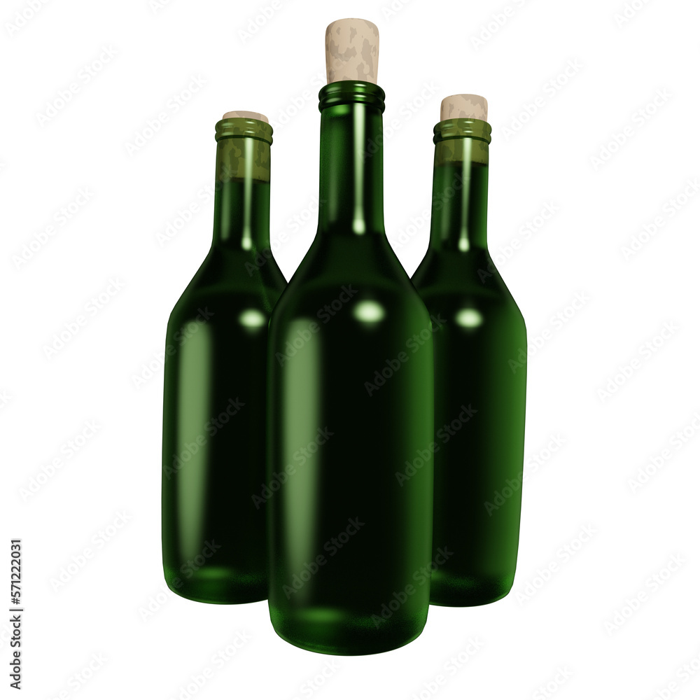 3D rendering of set of old green glass bottle with cork front view. Collectible spirits and wine. Realistic PNG illustration isolated on transparent background 3D rendering of set of old green glass bottle with cork front view. Collectible spirits and wine. Realistic PNG illustration isolated on transparent background
