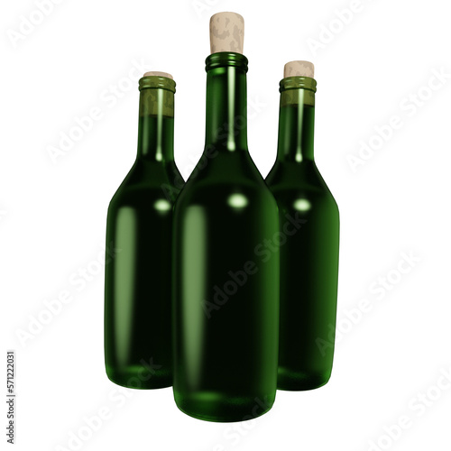 3D rendering of set of old green glass bottle with cork front view. Collectible spirits and wine. Realistic PNG illustration isolated on transparent background