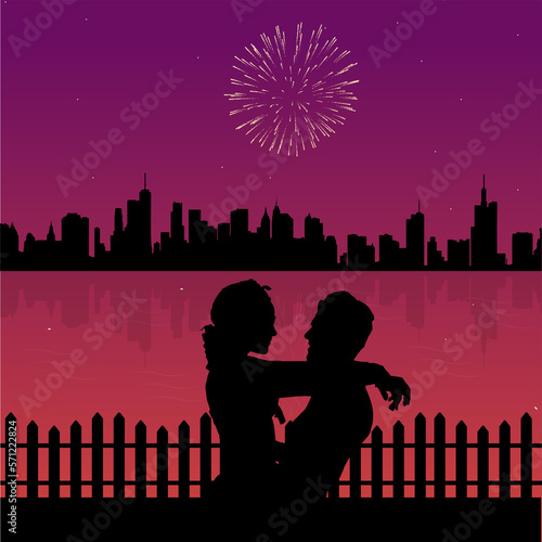 couple on the bridge with fireworks and a cityscape view