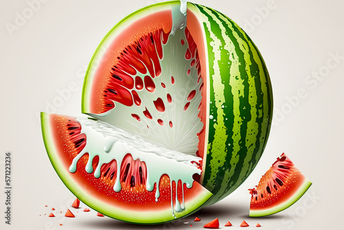 Abstract and surreal hyper-realistic illustration of a isolated watermelon and white paint splatter and drips, on a bright background, vector art, generative AI, eye candy photo