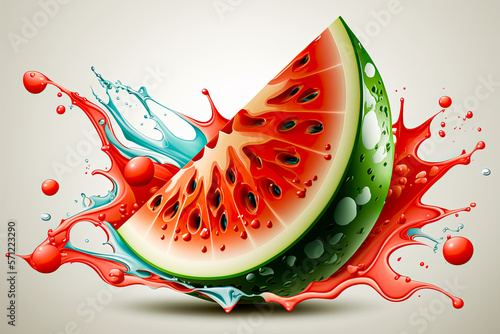 Abstract and surreal painting of a watermelon slice in red and green, with a massive seed, paint splatter, wet color explosion, isolated on a white background and generative AI.