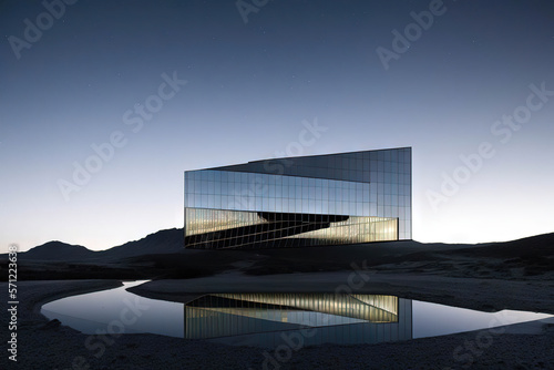 Abstract building in desert, mirror reflections