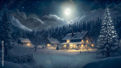 Peaceful Night Village in Winter Snow. Generative AI. © Shiva3D