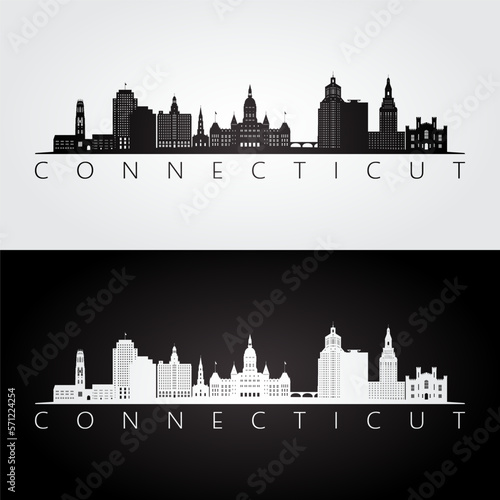 Connecticut state skyline and landmarks silhouette, black and white design. Vector illustration.