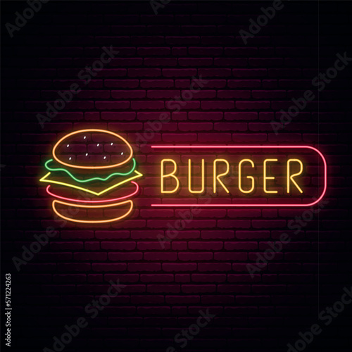 Neon burger sign. Glowing burger icon and text for cafe, restaurant, bar advertising. Neon signboard. Vector illustration.
