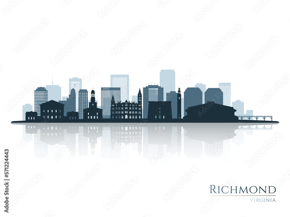Naklejka premium Richmond skyline silhouette with reflection. Landscape Richmond, Virginia. Vector illustration.