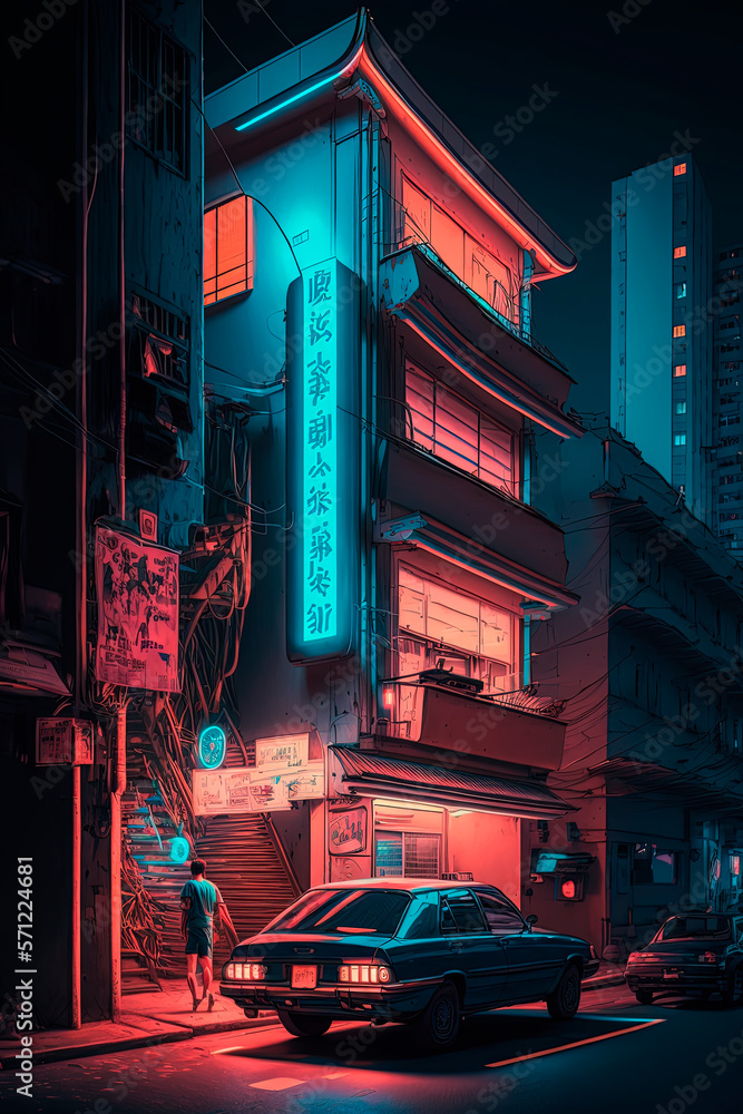Neon cyberpunk city, landscape. Generative AI