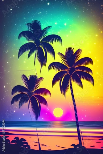 Night landscape with palm trees  against the backdrop of a neon sunset  stars. Silhouette coconut palm trees on beach at sunset.  Space futuristic landscape. Neon palm tree - generative ai