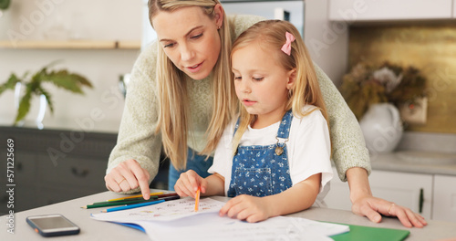 Tableau sur toile Education, mother and learning child writing or drawing for kindergarten school homework or project in a house