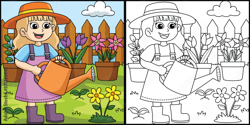Spring Girl Watering the Flowers Illustration