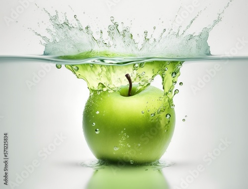 Green apple fell into the water and created a splash on white background. Generative AI