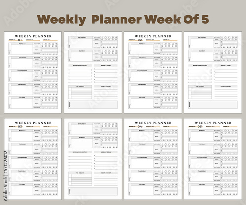 Minimalist planner pages templates. Printable Life Planner Set. Life planner vector graphic illustration. Weekly Planner Week Of 05