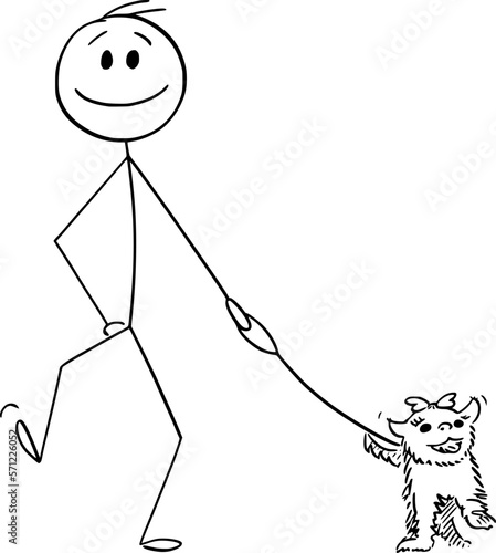 Person Walking Dog, Vector Cartoon Stick Figure Illustration