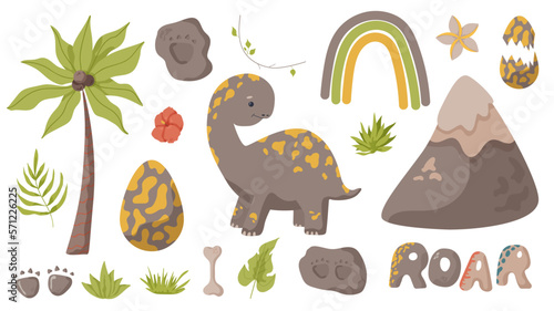 Dinosaur and rainbow set. Illustrations paw, claw predator. Dinosaur footprint perfect for textile, wrap and wallpaper and design.