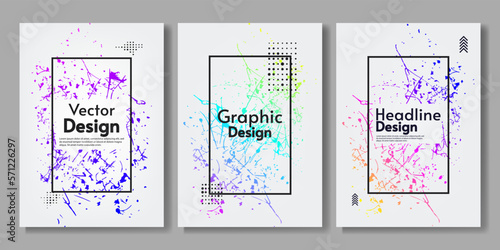 Set of posters with frames. Gradient colors. Scratches and paint splash. Design for poster, cover, invitation.