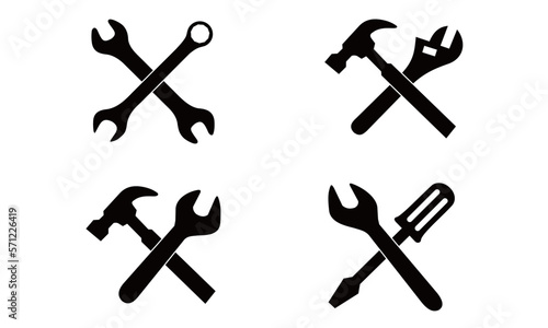 Tool icons set. Wrench, screwdriver and hammer icon. Screwdriver and wrench glyph icon. Settings and repair, service sign - stock vector.