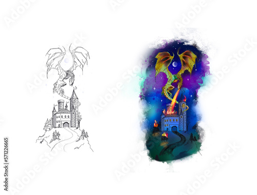 dragon wyvern type draco africanus tattoo stencils and colored picture. Dragon breathing fire on the castle. Dragon in the mid flight attacking the castle tattoo design concept with stencils