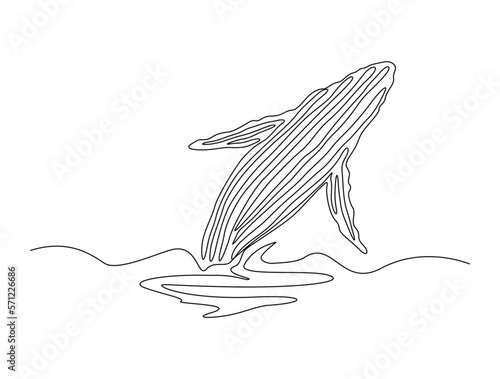 Continuous one line drawing of whale jumping. Simple illustration of humpback whale line art vector illustration