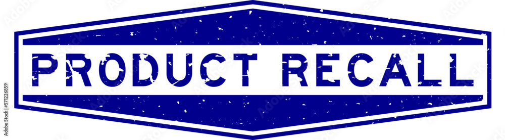Grunge blue product recall word hexagon rubber seal stamp on white background