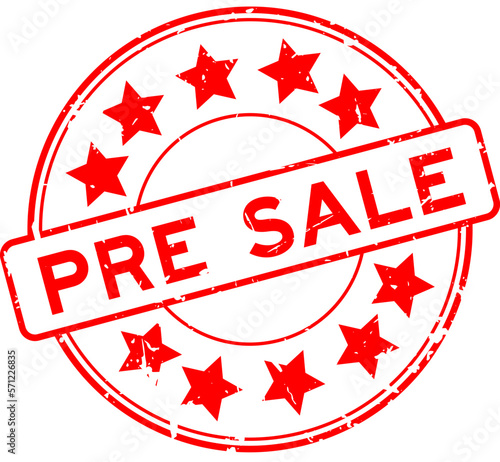 Grunge red pre sale word with star icon round rubber seal stamp on white background