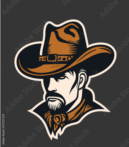Cowboy head mascot. Ranger logo mascot. Cowboy with big hat and mustache mascot logo.