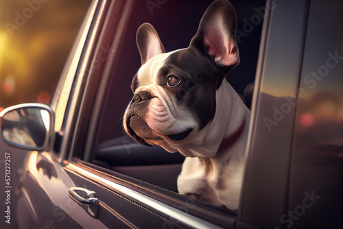 Happy dog with head out of the car window going on road trip. Travel with a pet concept. Generative AI. © marcin jucha