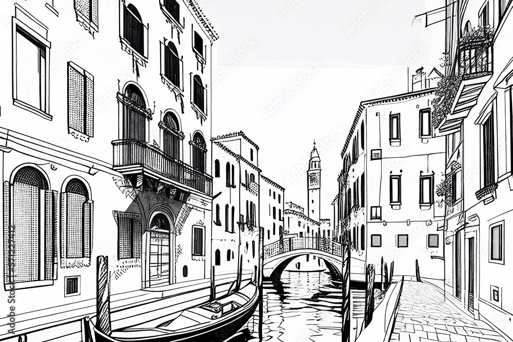 Italy. Street in Venice - sketch illustration for coloring book.