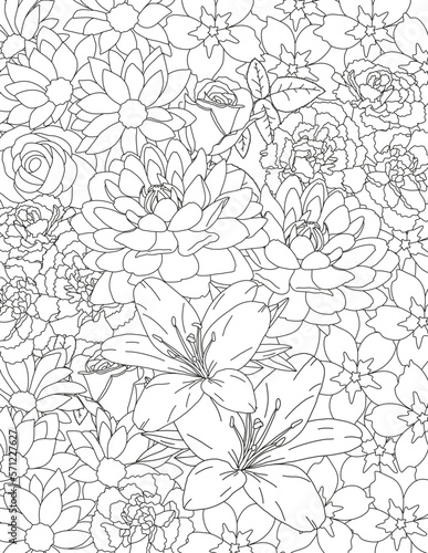 Vector carpet of flowers. Antistress coloring book for adults. 