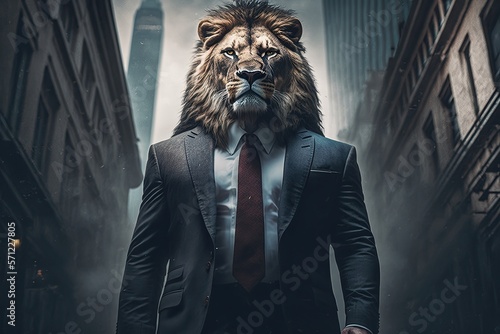 A lion in a business suit walks through the city. Generative ai.