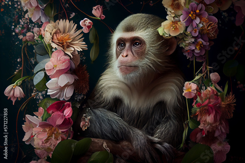 Monkey creative portrait with many colorful flowers. Generative AI