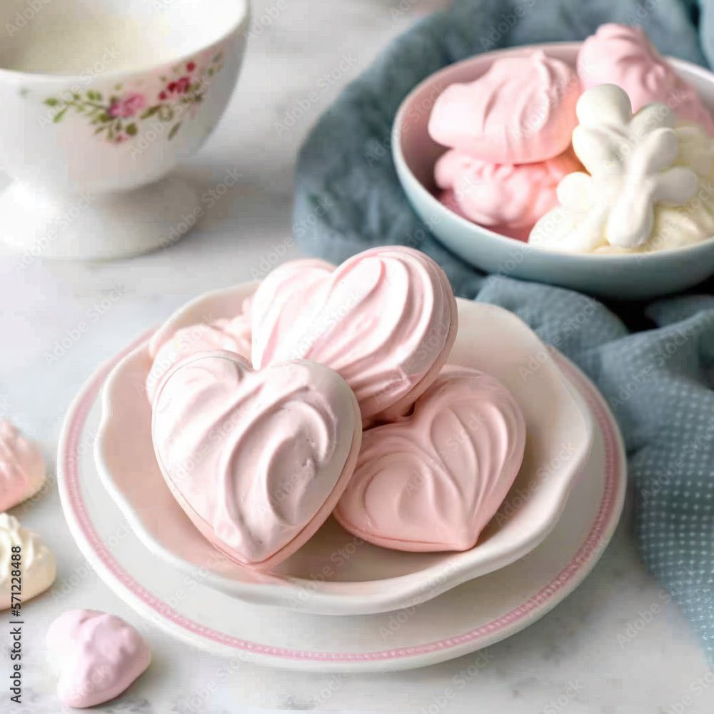 Heart-shaped meringue cookies. Created using generative AI and image editing software. Heart-shaped meringue cookies. Created using generative AI and image editing software.