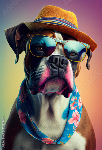 Dog wearing casual summer clothes, sunglasses and hat. Funny dog portrait. Generative AI