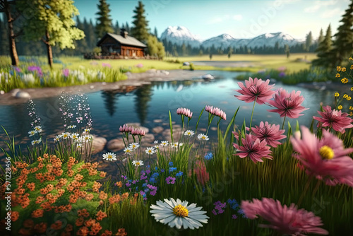 realistic flower meadow in spring, generative AI picture.