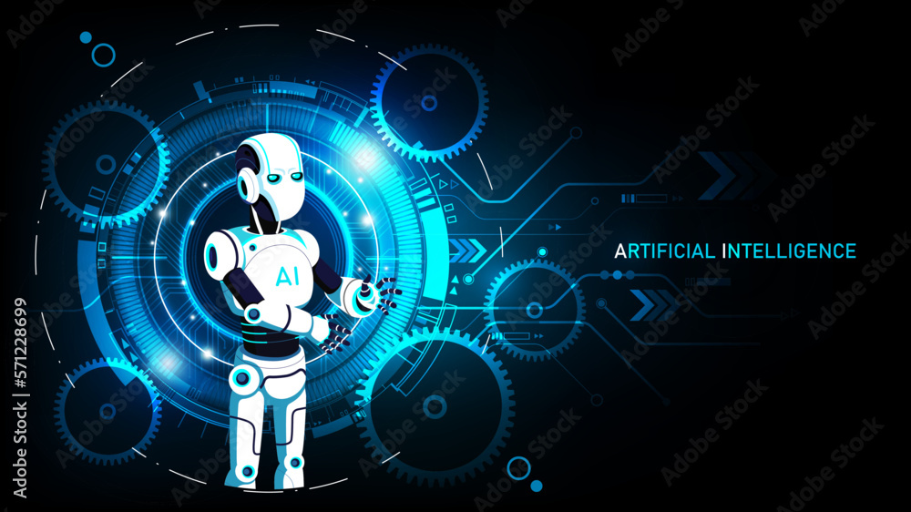 Artificial Intelligence robot on futuristic technology background, AI disruption concept, neural network, big data, digital Hud futuristic and deep learning, vector illustration