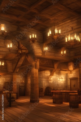 Fantasy medieval tavern background with grand fireplace. 3d rendering - generative ai © unalcreative