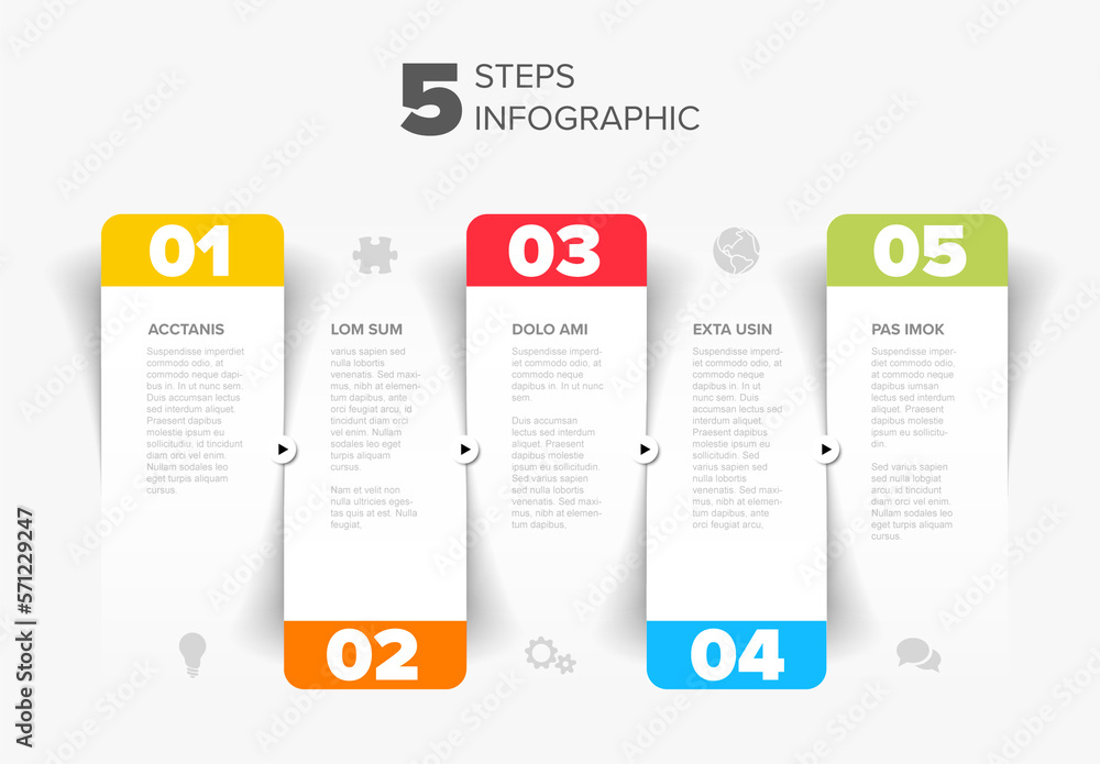 Five white steps progress page template with color numbers and icons